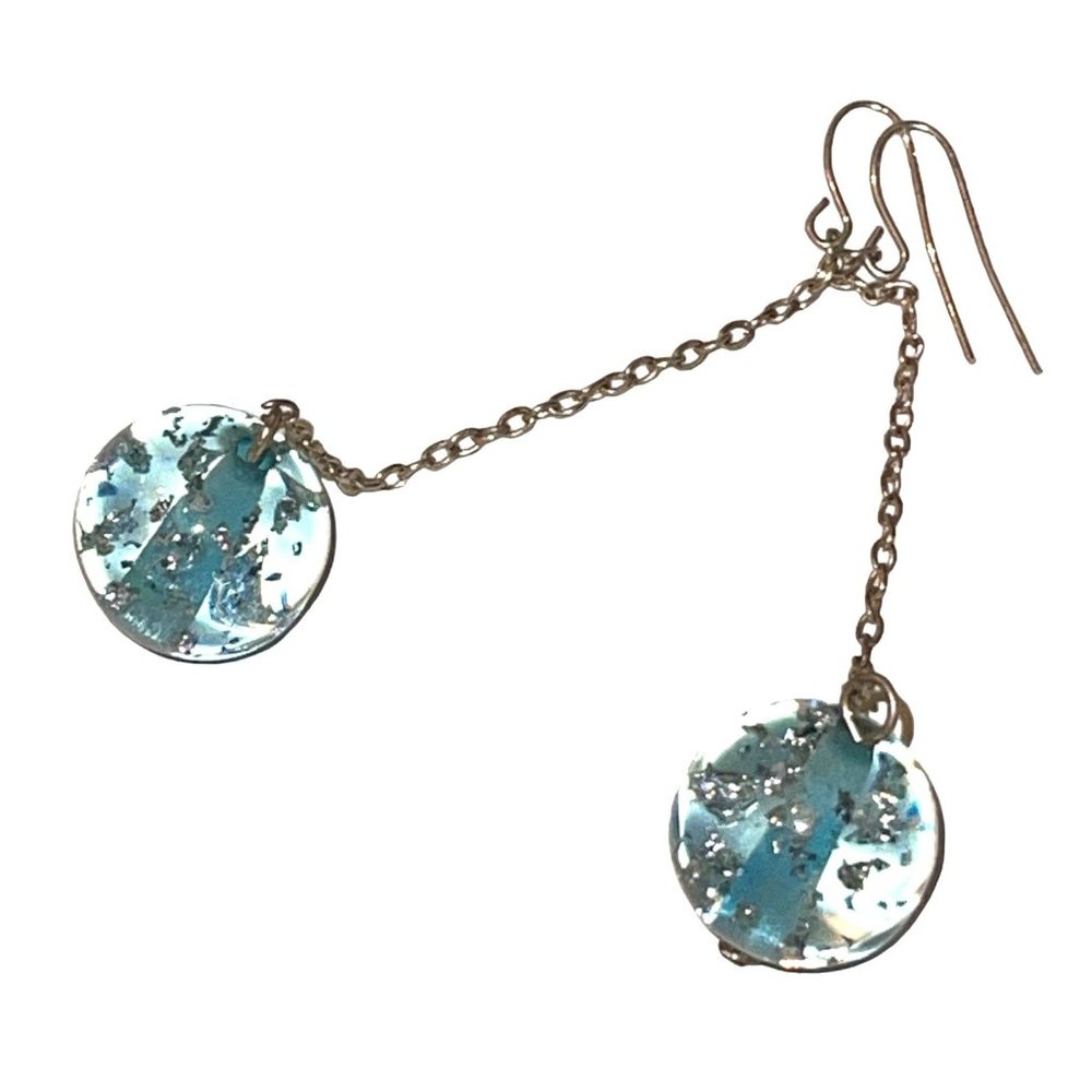 Clear Blue Lucite Disco Ball Glitter Sphere 3 inch Dangle Drop Retro Earrings